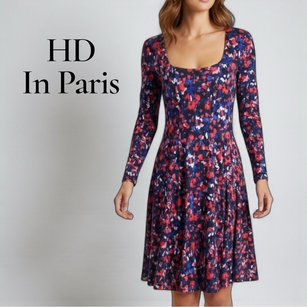 HD in Paris Red Blue Abstract Floral Fit and Flare Dress Long Sleeve Scoop Neck